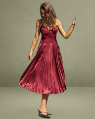 Wine Red Ruched A-Line Slip Midi Dress