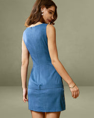 Blue Boat Neck Belted Mini Dress