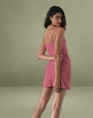 Anzhelina Strappy Mini Dress in Red and White Stripe with Strawberry Emb