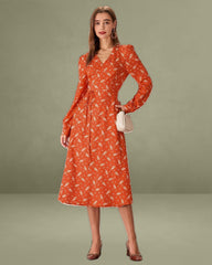 Orange Floral Wrap Midi Dress
