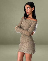 Kausar Off Shoulder Mini Dress in Daisy Flock Light Brown