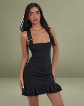 Jessa Ruffle Hem Buckle Strap Mini Dress in Black