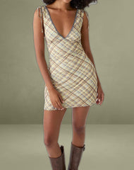 Carmila Gathered Mini Dress in Check Yellow