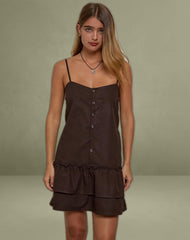 Mailina Linen Button Up Mini Dress in Chocolate Brown