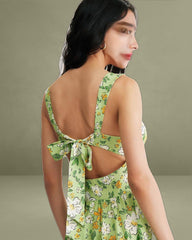 Green Floral Backless Maxi Dress