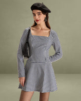 Navy Square Neck Plaid Mini Dress