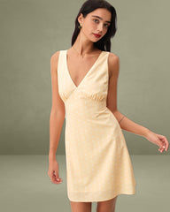 Yellow V Neck Polka Dot Sleeveless Mini Dress