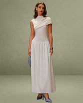 Beige Ruched Cap Sleeve Maxi Dress