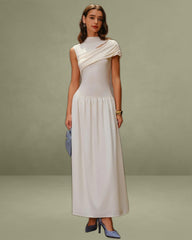 Beige Ruched Cap Sleeve Maxi Dress