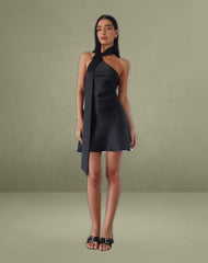 Brigid One Shoulder Satin Dress in Black