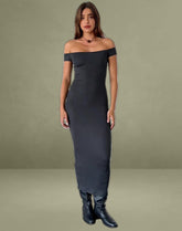 Racha Thick Rib Bardot Maxi Dress in Black Forest