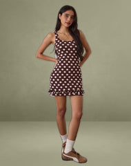 Vadora Frill Hem Mini Dress in Brown with Big Polka Cream