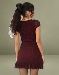 Melva Mini Dress in Ditsy Flock Burnt Maroon