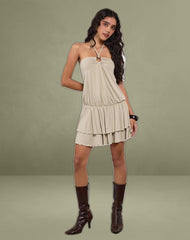 Suraya Plunge Mini Dress in Cupro Oatmilk