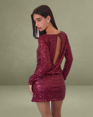 Jasilia Long Sleeve Mini Dress in Gauzy Sequin Red
