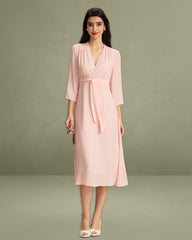 Pink V-Neck Pleated Midi Dress