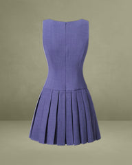 Blue Boat Neck Button Sleeveless Mini Dress