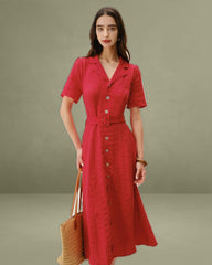 Red Belted A-Line Midi Dress
