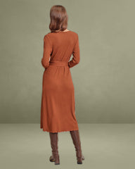 Caramel Knit Wrap Midi Dress