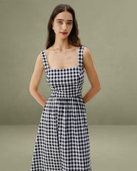 Black Plaid Square Neck Pocket Slip Maxi Dress