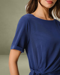 Blue Round Neck Short Sleeve Maxi Dress