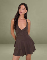 Semary Halterneck Wrap Mini Dress in Bitter Chocolate