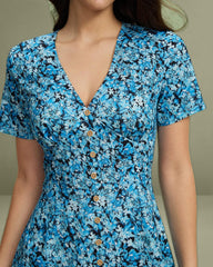 Blue Floral V-Neck Button Mini Dress