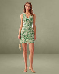 Green Floral Sleeveless Mini Dress