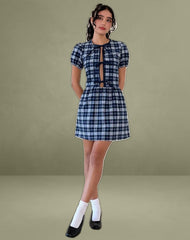 Byan Tie Front Dress in Tartan Dark Blue