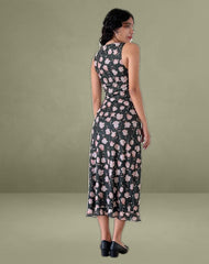 Gabriela Midi Dress in Falling Rose Jet Black