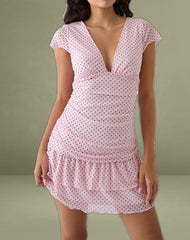 Mowgli Cap Sleeve Mini Dress in Baby Pink with Micro Polka Black