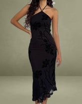 Ribka Halterneck Midi Dress in Orchids Flock Black