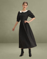 Black Contrasting Puffed Sleeve Maxi Dress