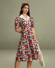 Black Floral Contrast Midi Dress