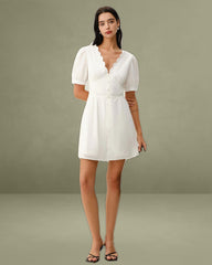 White V-Neck Ruched Mini Dress