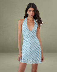 Alira Halterneck Dress in Blurred Check Blue