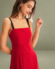 Red Contrast Slit Slip Midi Dress