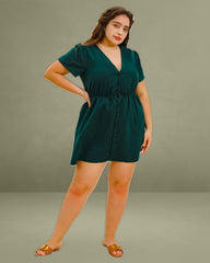 Green Puffed Sleeve Plus Size Mini Dress