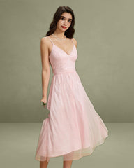 Pink V Neck Backless Slip Midi Dress