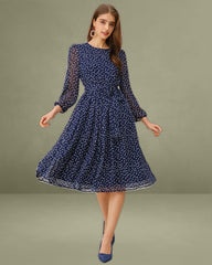 Blue Polka Dot A-Line Midi Dress