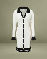 White Contrasting V Neck Button Dress