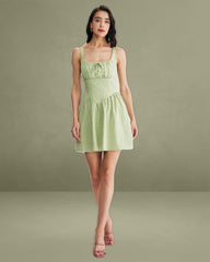Green Plaid Ruched Slip Mini Dress