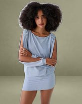 Carola Cut Out Arms Mini Dress in Shimmer Blue