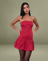 Denama Puffball Mini Dress in Deep Red