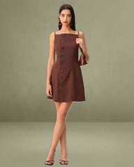 Brown Button Pleated Slip Mini Dress