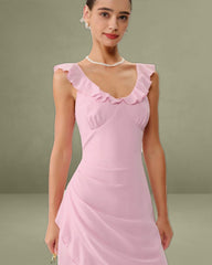 Pink V Neck Ruffle Sleeveless Midi Dress