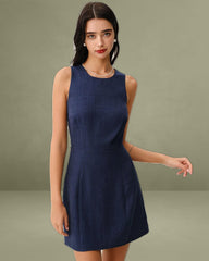 Blue Round Neck Zipper Sleeveless Mini Dress