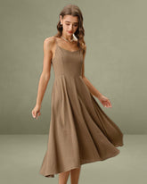 Khaki A-Line Pleated Slip Midi Dress