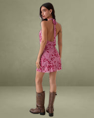 Malora Cowl Mini Dress in Stencil Flower Pink