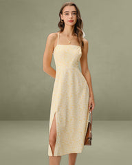 Yellow Floral Backless Slip Midi Dress